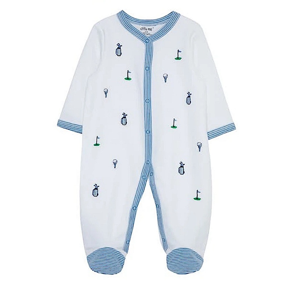 Little Me, Golf Embroidered Patterned White & Blue Footie One Piece Snap 9M